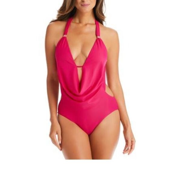 NWT Bar III SOLID COWL-NECK MONOKINI ONE-PIECE SWIMSUIT in hot pink - Picture 1 of 8